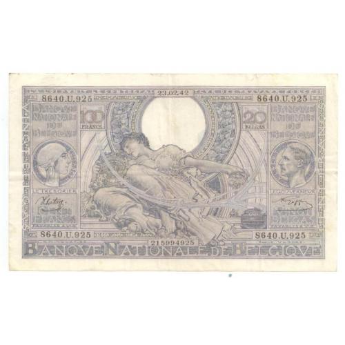 BELGIUM | 1942 | 100 FRANCS = 20 BELGAS | French on Obverse Type / Pick#107