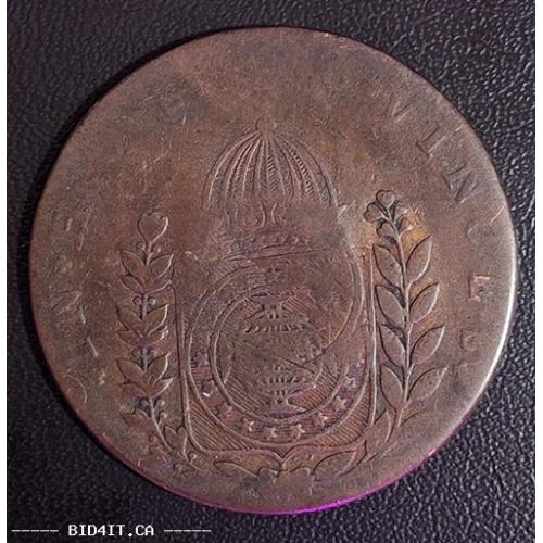 BRAZIL1830-R | 20 Reis Copper Emergency Coinage| Emperor Pedro I (The Liberator) Empire of Brazil - W/ Strong > 20 Counterstamped Over 40