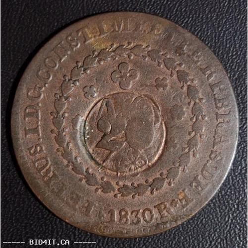 BRAZIL1830-R | 20 Reis Copper Emergency Coinage| Emperor Pedro I (The Liberator) Empire of Brazil - W/ Strong > 20 Counterstamped Over 40